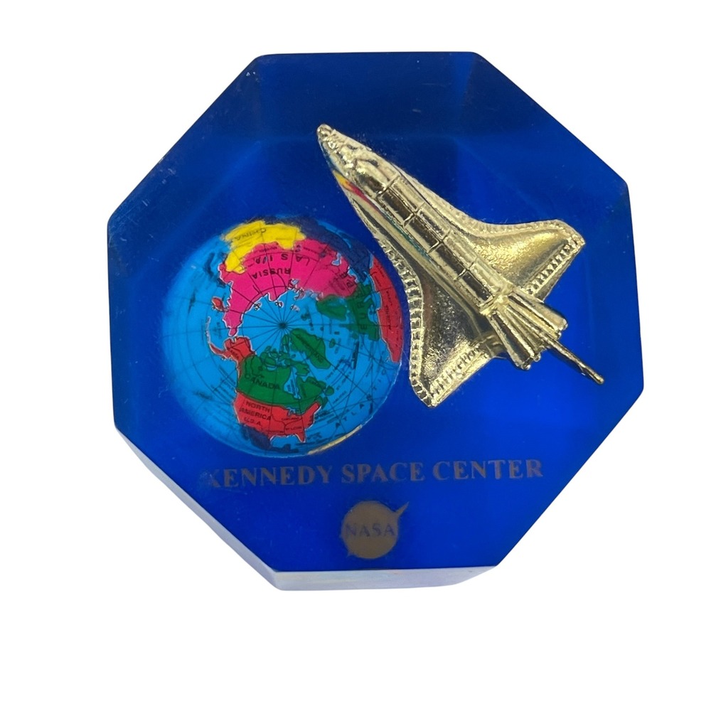 Vintage NASA Kennedy Space Center Lucite Paperweight Blue Octagon Space Shuttle